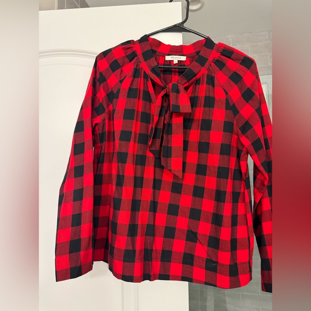 Madewell Tie-Neck Popover Shirt in Buffalo Check